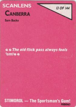 1988 Scanlens #13 Sam Backo Back